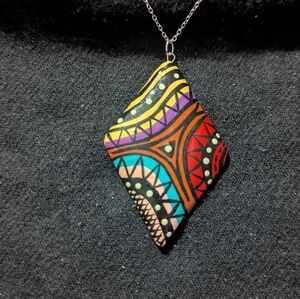 Silver Tone Multi Color Geometric Wood Diamond Shaped Pendant Statement Necklace